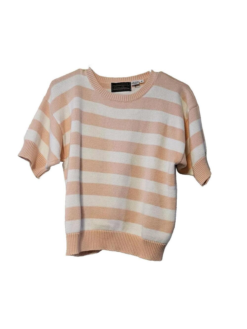 Eddie Bauer Shortsleeve Sweater Women's Med Pink Stripe Cotton Crewneck 80s vtg